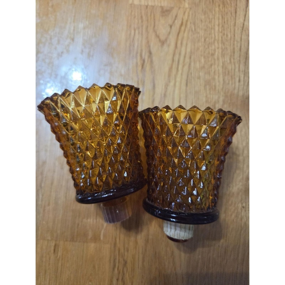 2 Vintage Diamond Point Amber Glass Votive Cup Candle Holders Peg Sconce EUC